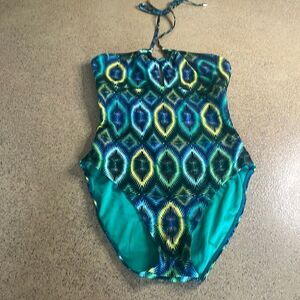 Peacock feather print one piece swimsuit blues greens yellow